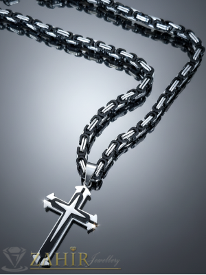  Стилен трислоен стоманен кръст 5 см на римски стоманен ланец 60 см, широк 0,6 см, оксидирани елементи - ML1271